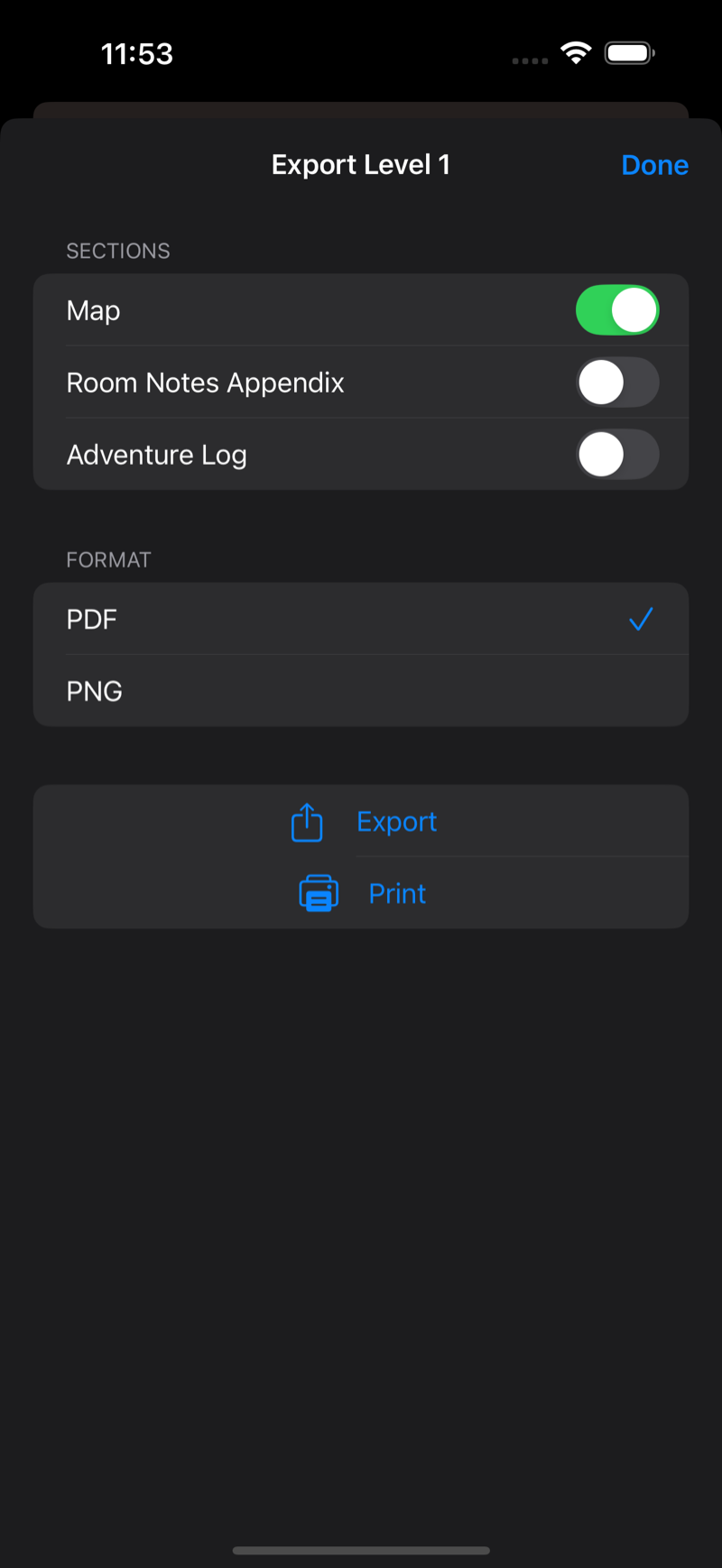 Export sheet offering PDF and PNG output
