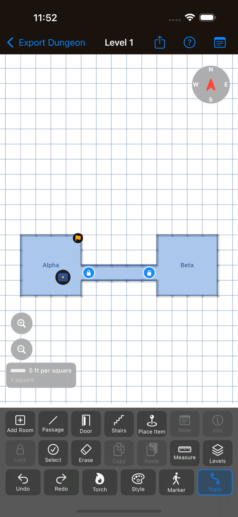 Painted corridors connecting rooms on the grid