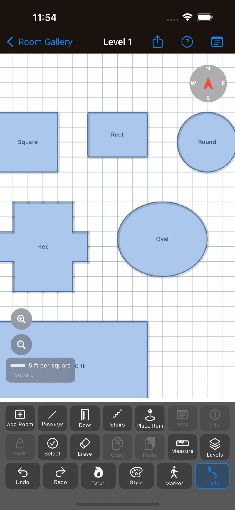 Square, rectangular, round, hexagonal, and oval rooms laid out on the grid