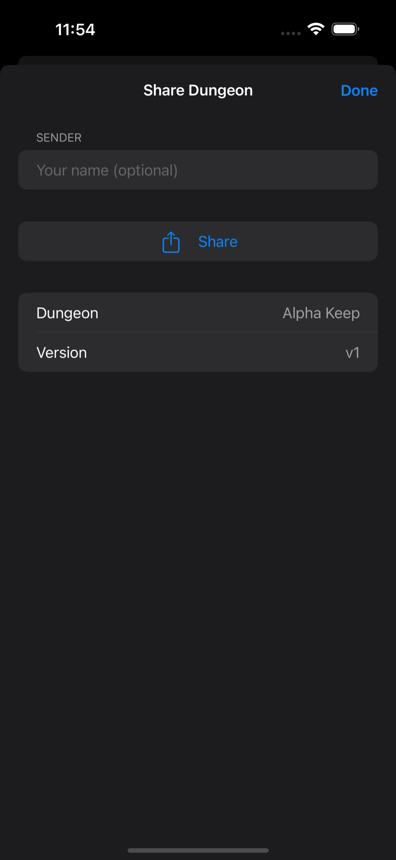 The Share Dungeon sheet, naming the dungeon and its version before it is sent