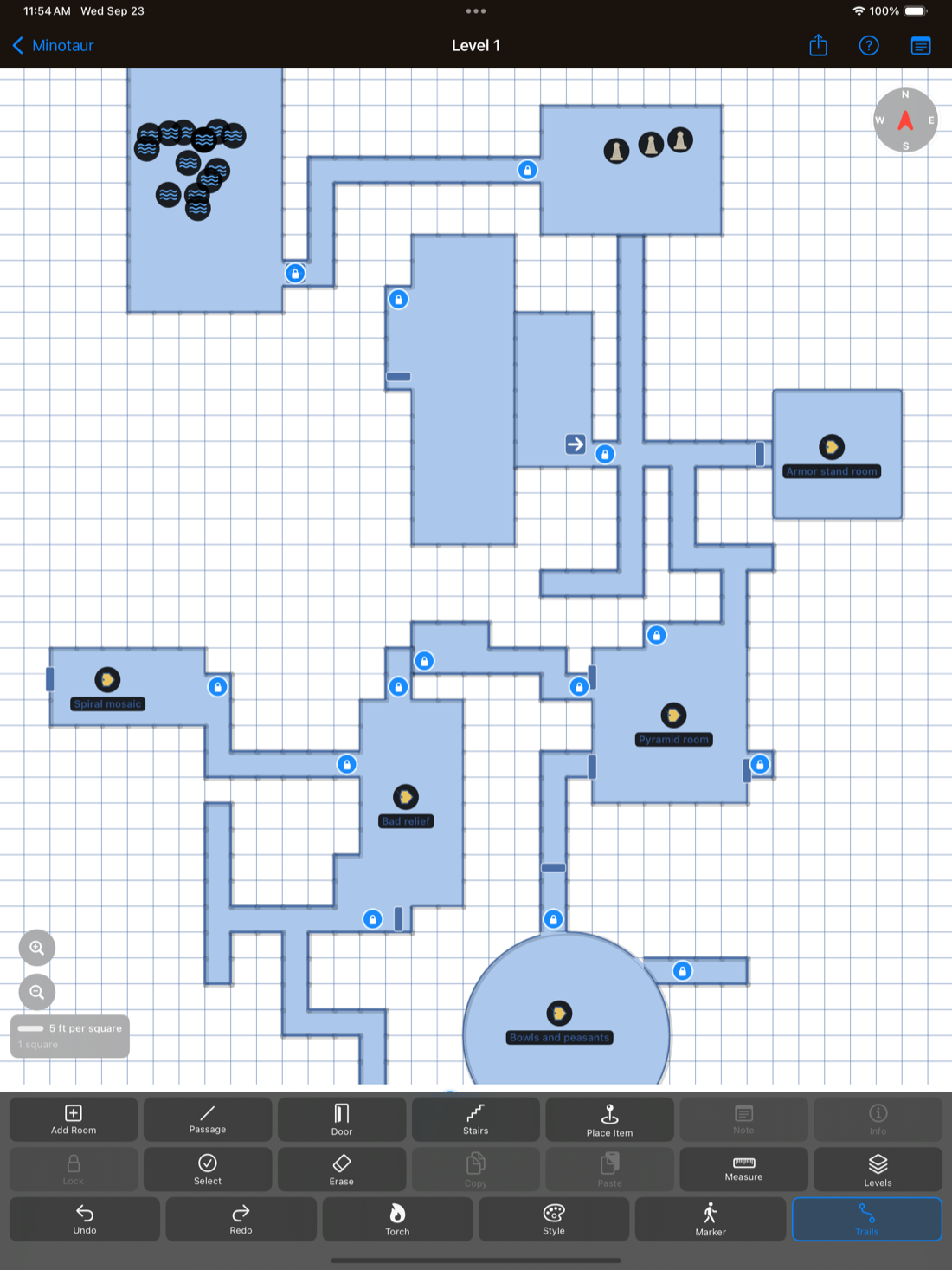 Torchlight Mapper on iPad showing a dungeon map with rooms, corridors, and doors