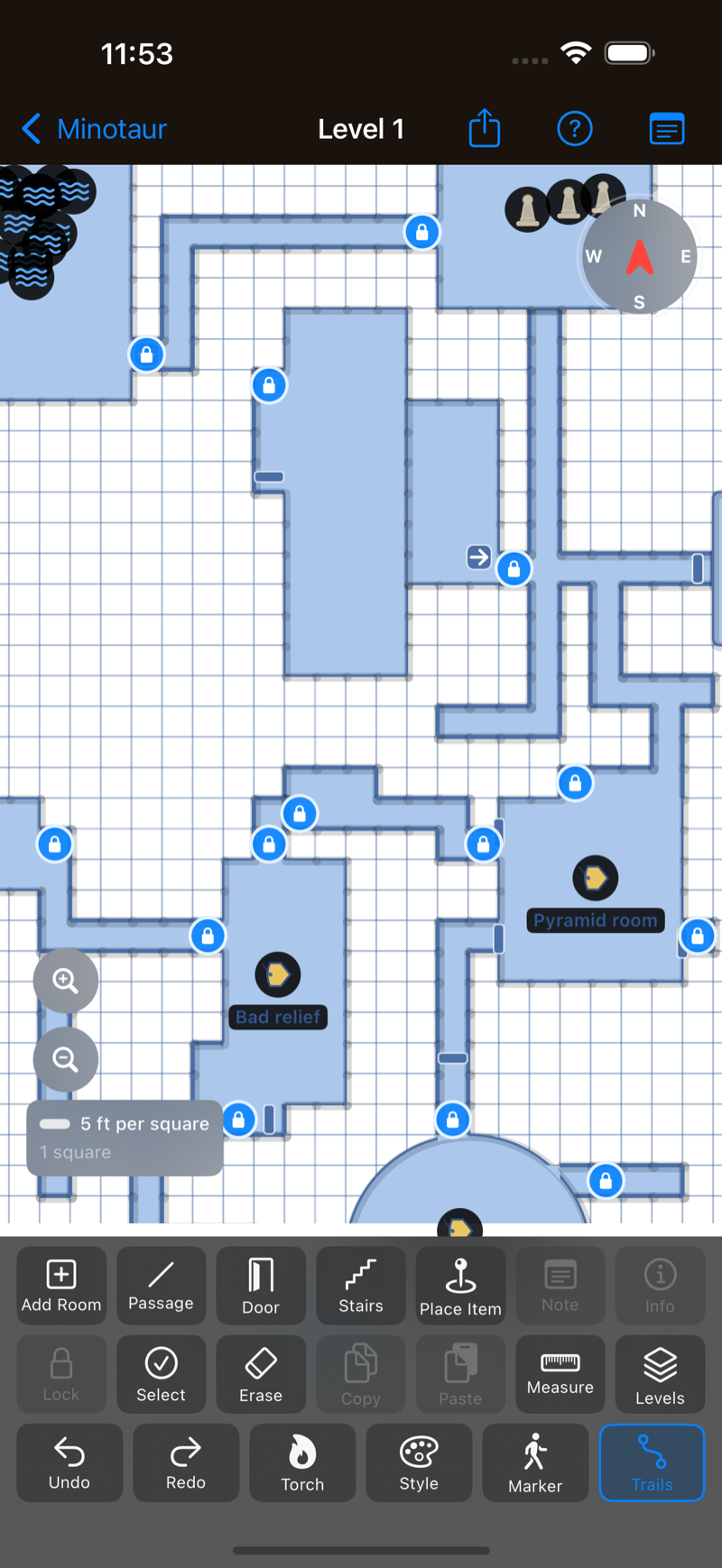 Torchlight Mapper on iPhone showing a multi-room dungeon map on a 5-foot grid